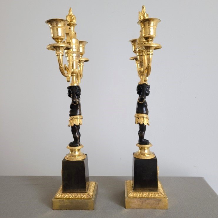 Pair Of Candelabra For Young African Women, Empire Period.-photo-1