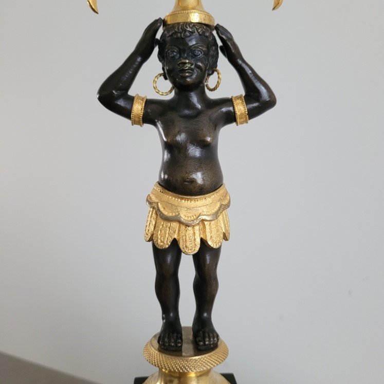 Pair Of Candelabra For Young African Women, Empire Period.-photo-3