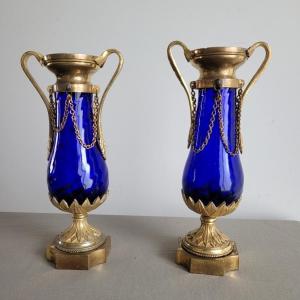 Pair Of Louis XVI Period Blue Crystal Vases.