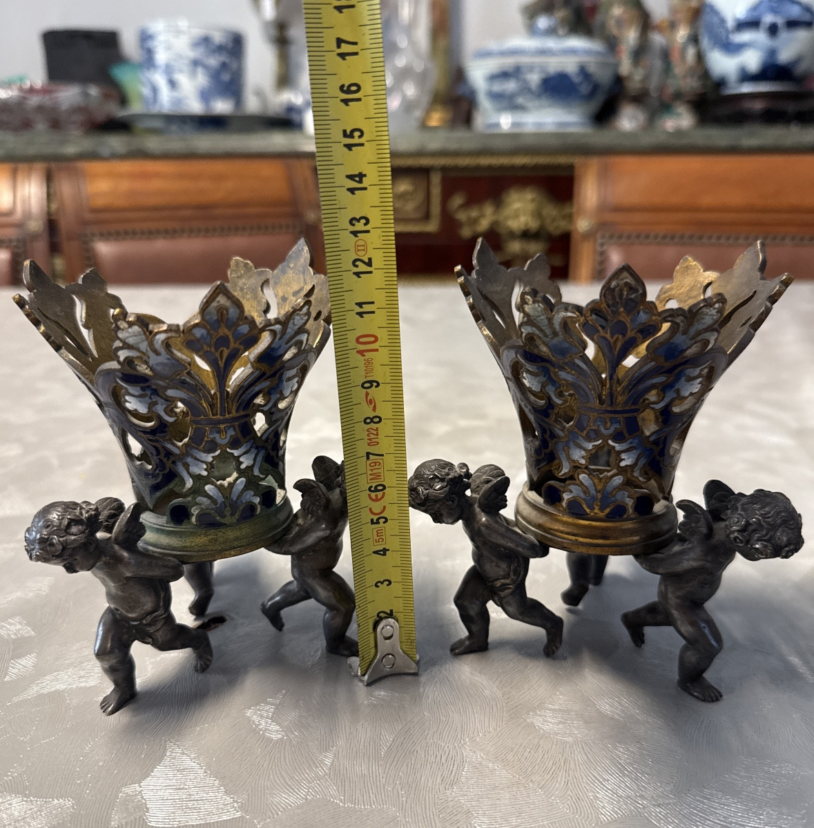 Pair Of Cloisonné Enamel Putti -photo-3