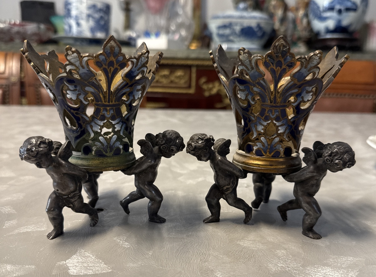 Pair Of Cloisonné Enamel Putti 