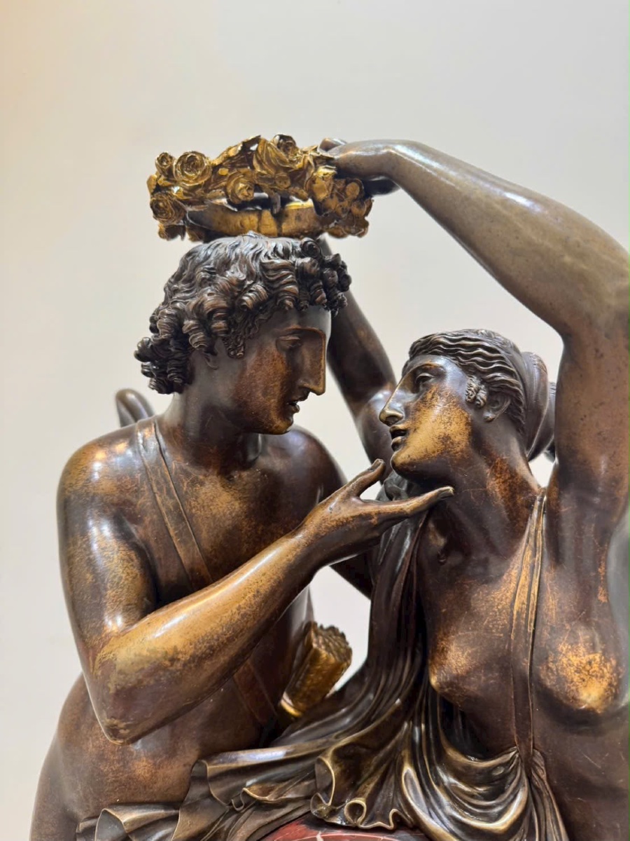 Important Artistic Clock In Patinated Bronze And Red Marble – Allegory Of Love – Neapolitan Period-photo-2