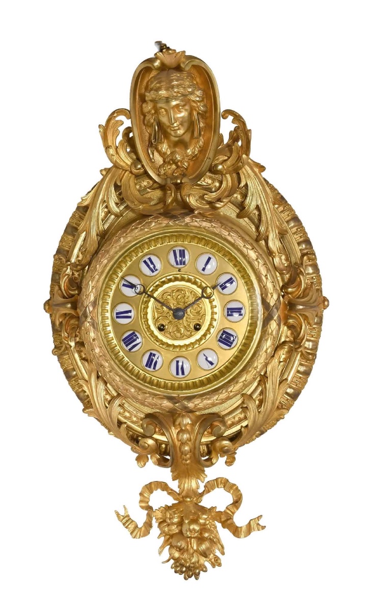 Large Gilded Bronze Wall Clock – Louis XVI Style – Allegorical Design – 70 X 40 Cm