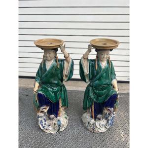 Important Pair Of Glazed Porcelain Statues Depicting Chinese Porters – 19th Cent.