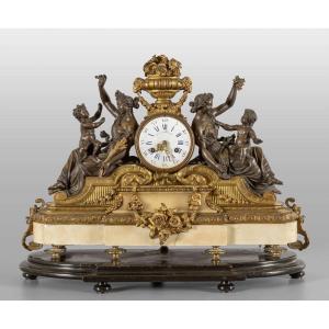 Important Napoleon III Mantel Clock In Patinated Bronze, Gilded Bronze, And Marble – Allegory