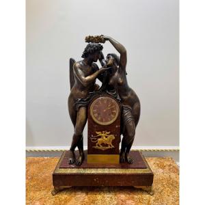Important Artistic Clock In Patinated Bronze And Red Marble – Allegory Of Love – Neapolitan Period