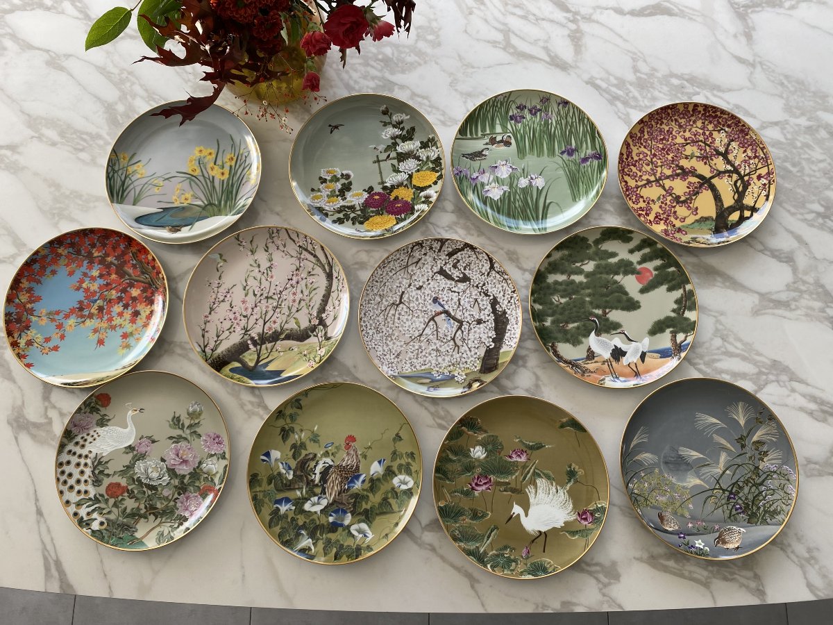 Twelve Porcelain Plates, "birds And Flowers Of The Far East," By Naoka Nobata