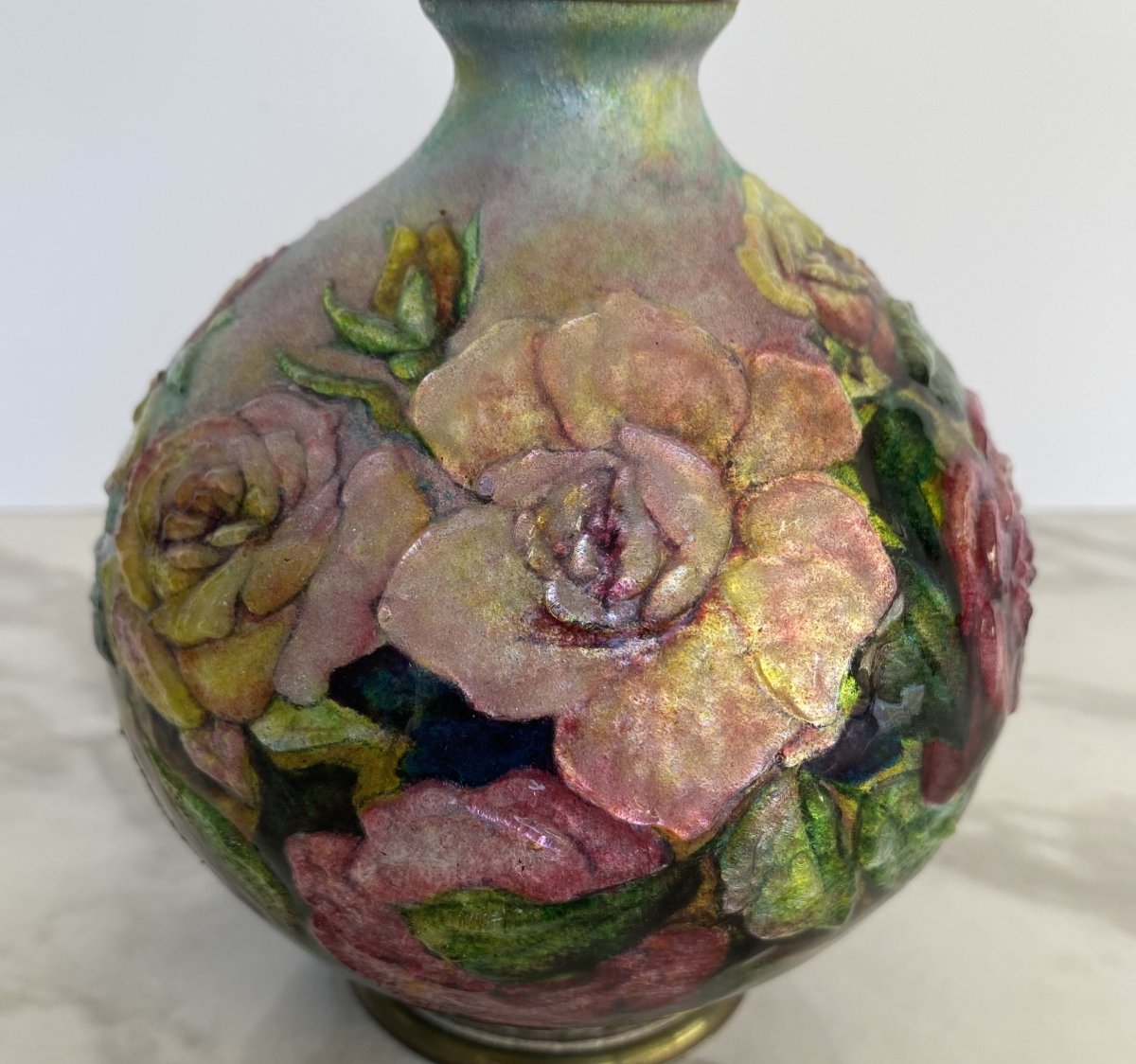 Enamel Vase With A Rose Design, By Camille Fauré-photo-2