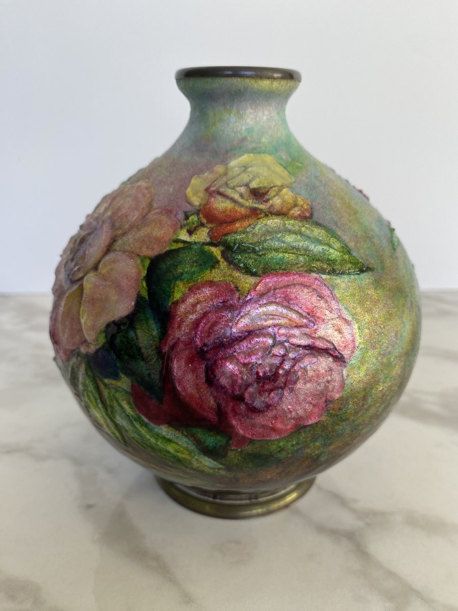 Enamel Vase With A Rose Design, By Camille Fauré-photo-3