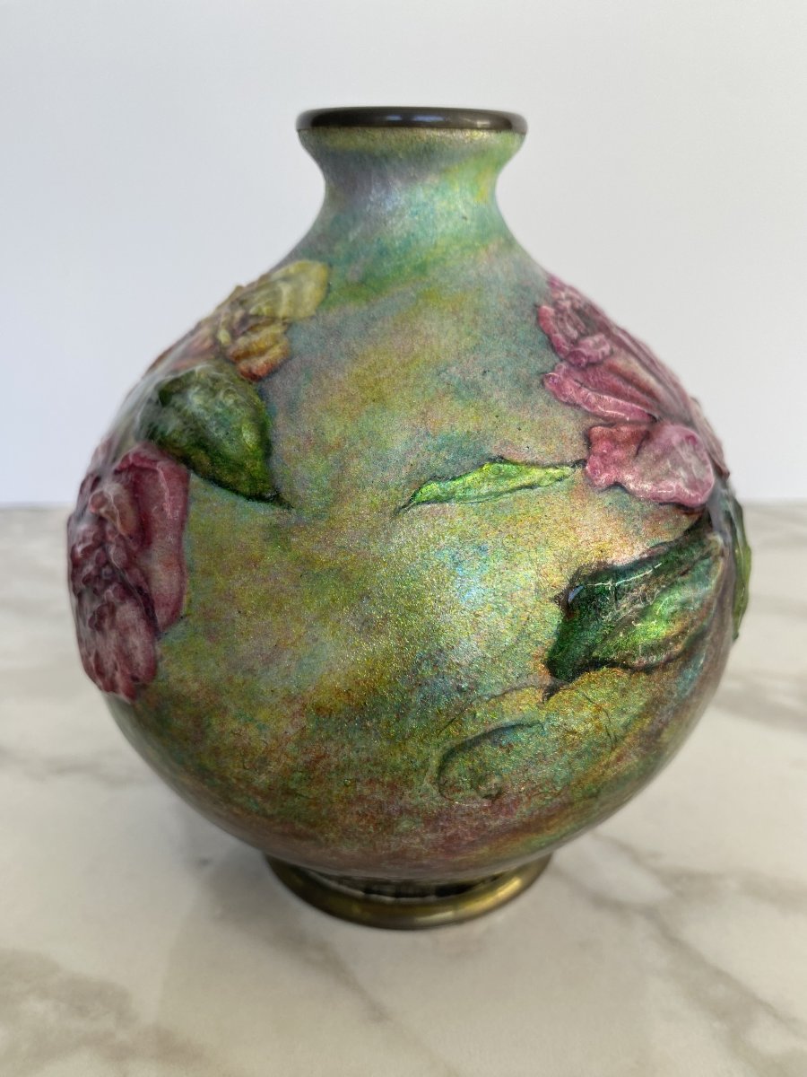 Enamel Vase With A Rose Design, By Camille Fauré-photo-4