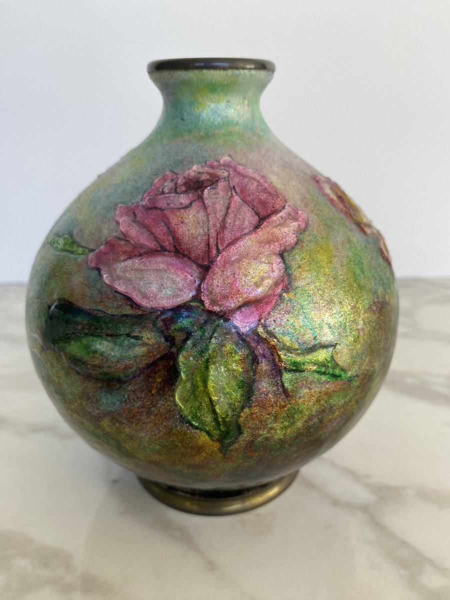 Enamel Vase With A Rose Design, By Camille Fauré-photo-1