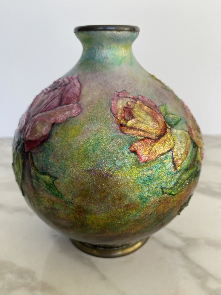 Enamel Vase With A Rose Design, By Camille Fauré-photo-2