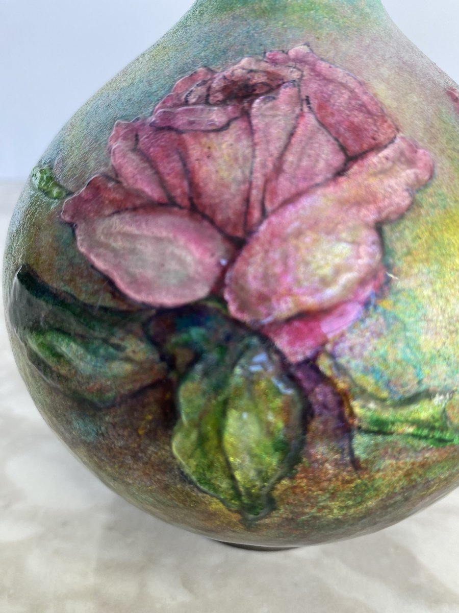 Enamel Vase With A Rose Design, By Camille Fauré-photo-5