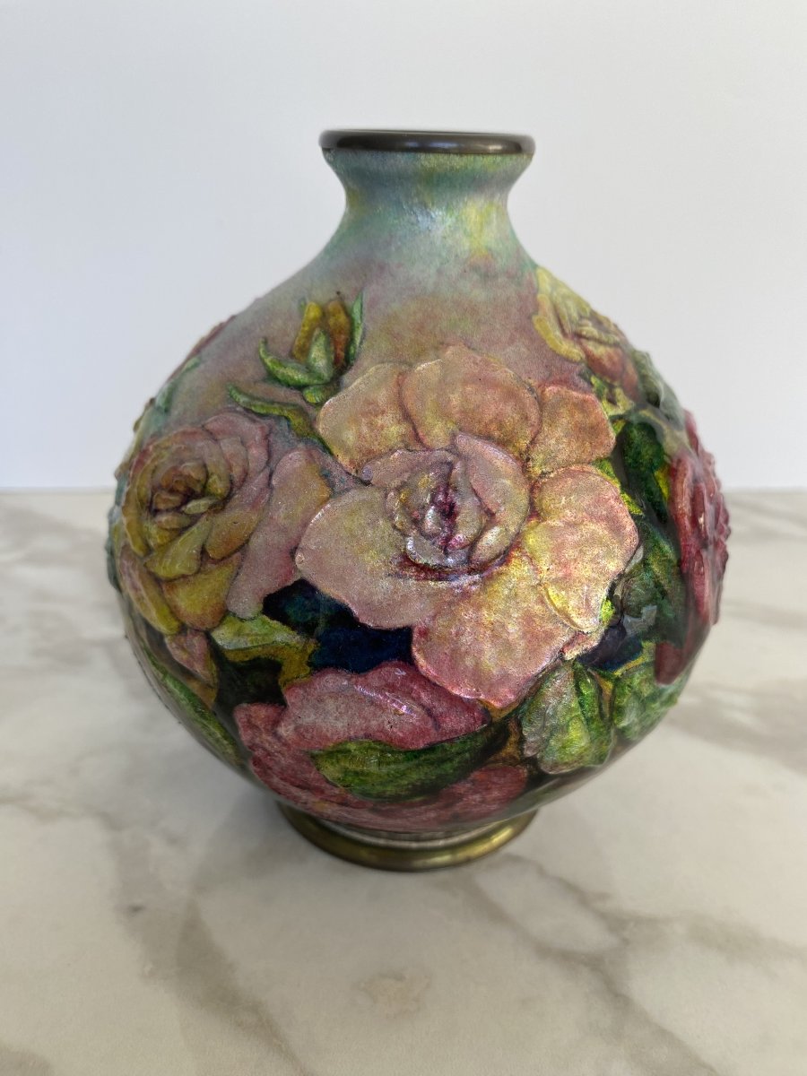 Enamel Vase With A Rose Design, By Camille Fauré