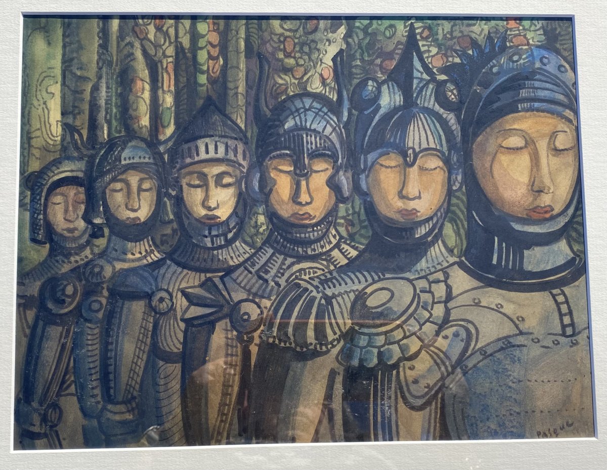 Aquarelle ( Jeanne d'Arc ?) signée Aubin Pasque (1903-1981)-photo-2