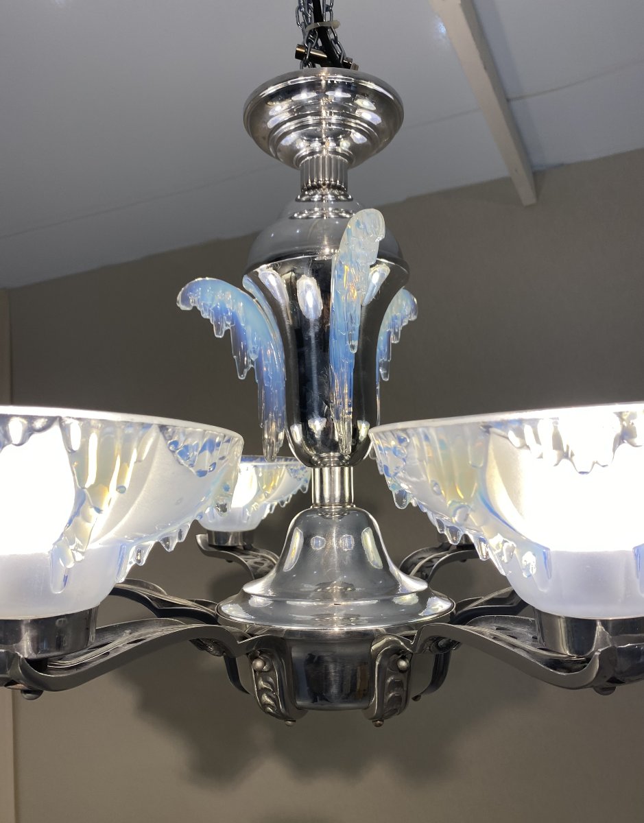 Lustre Art déco Ezan Petitot en verre opalescent, vers 1930-photo-1