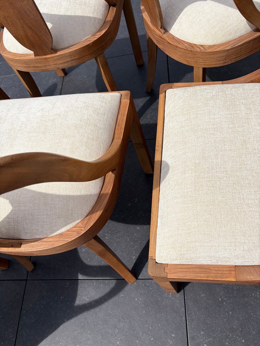 Set Of 6 Gondola-shaped, Art Deco-style Chairs In Walnut-photo-1