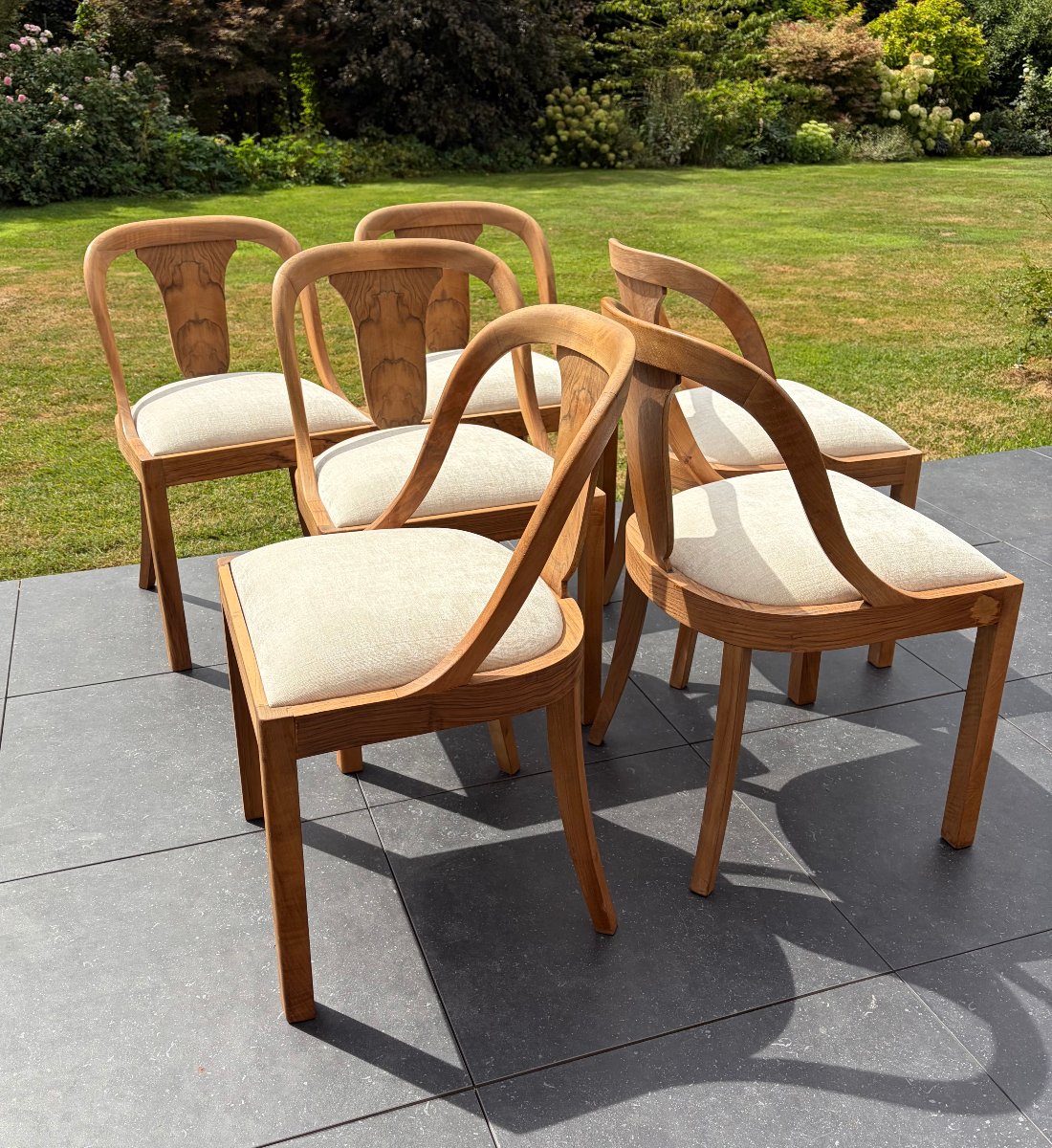 Set Of 6 Gondola-shaped, Art Deco-style Chairs In Walnut-photo-5