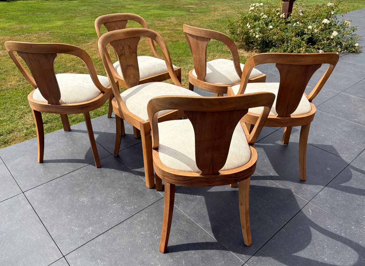 Set Of 6 Gondola-shaped, Art Deco-style Chairs In Walnut-photo-6