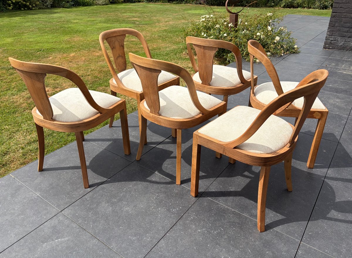 Set Of 6 Gondola-shaped, Art Deco-style Chairs In Walnut-photo-8