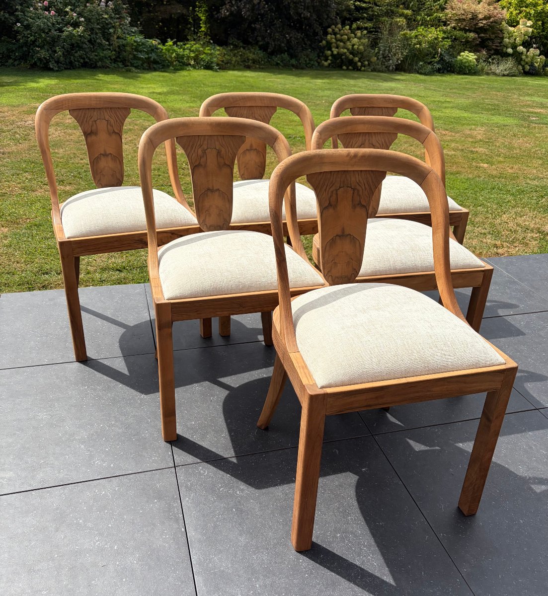 Set Of 6 Gondola-shaped, Art Deco-style Chairs In Walnut
