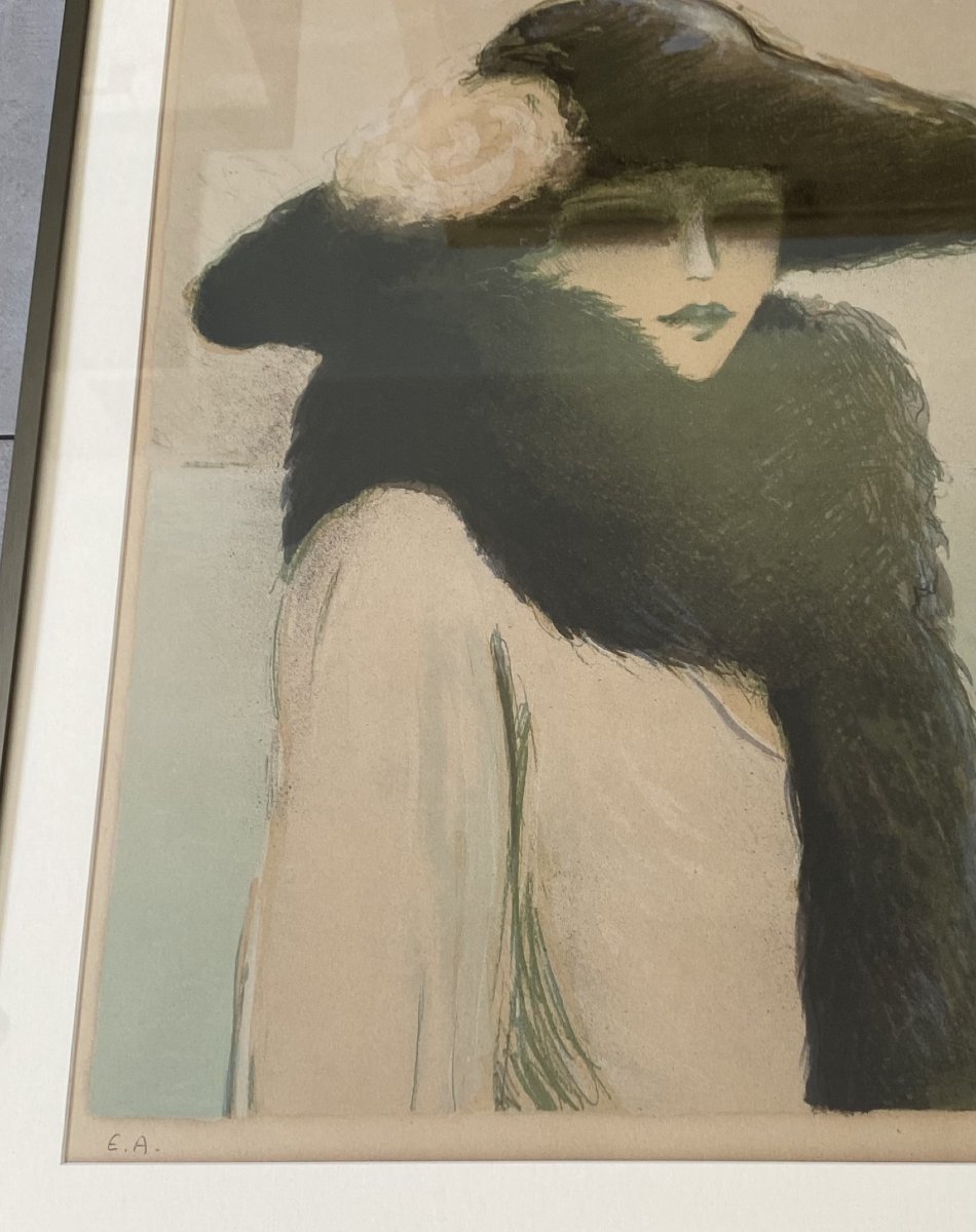 "Jeune élégante au Boa", J.P. Cassigneul (1935), lithogravure E.A.-photo-4