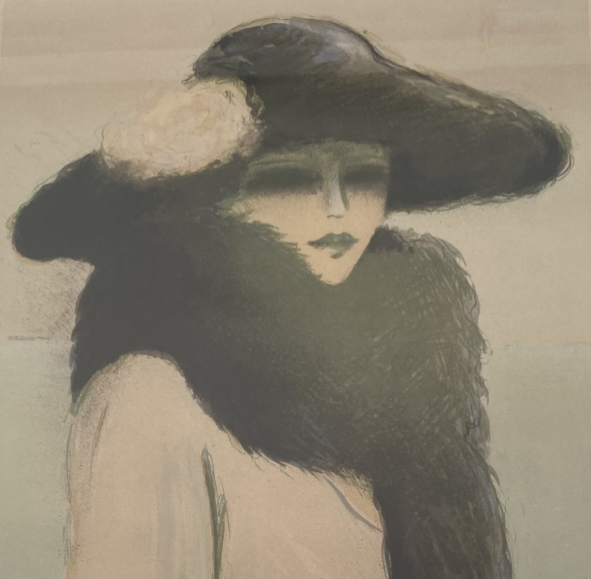 "Jeune élégante au Boa", J.P. Cassigneul (1935), lithogravure E.A.
