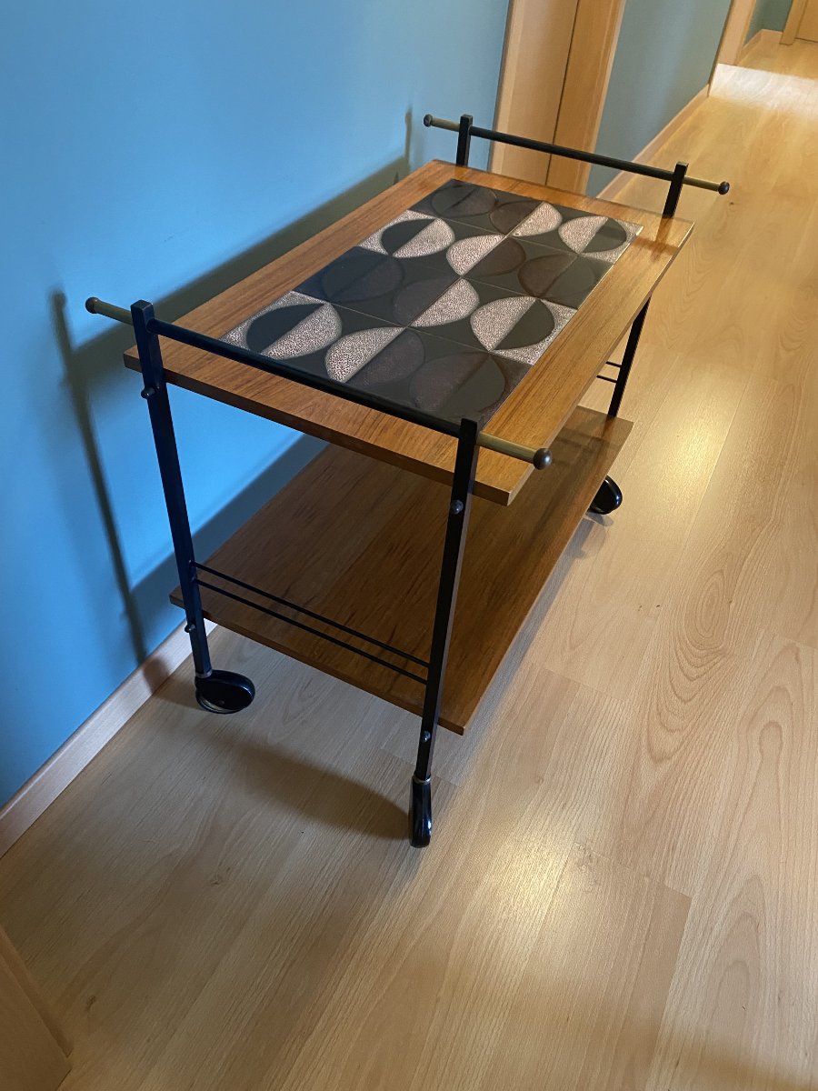 Side Table Made Of Wood, Metal, And Ceramic