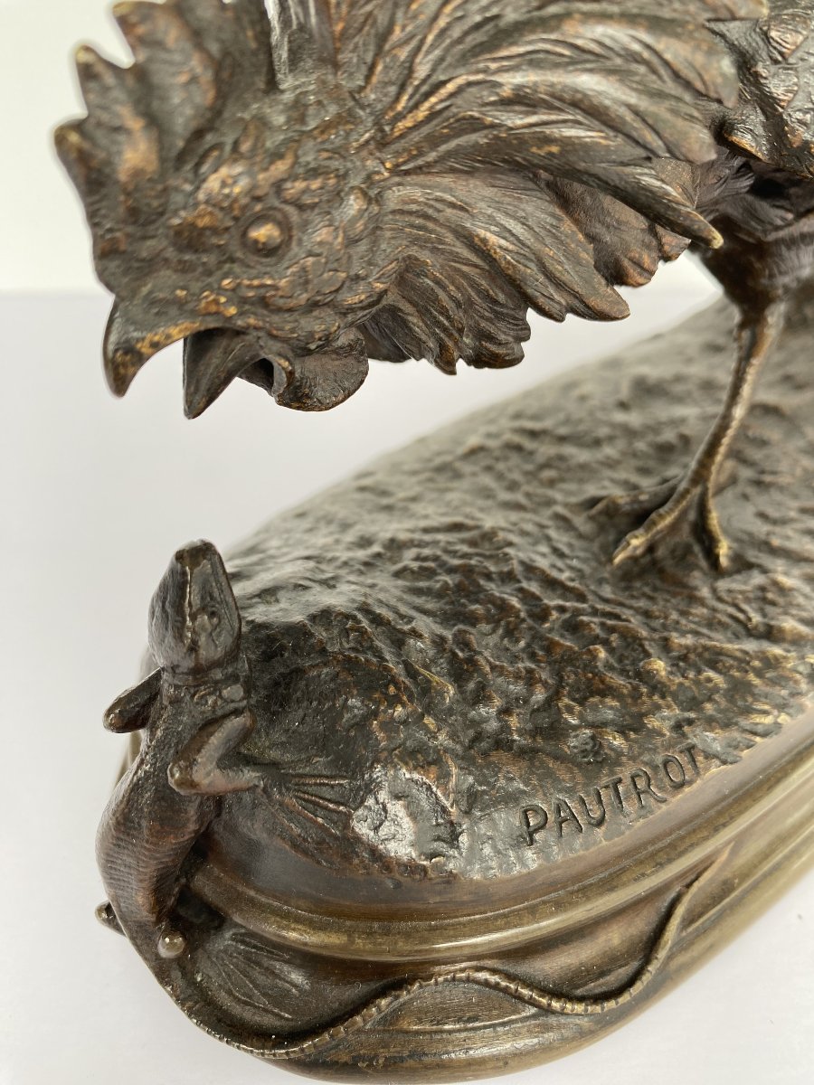 "Le coq et le lézard", bronze de Ferdinand Pautrot (1832 - 1874)-photo-3