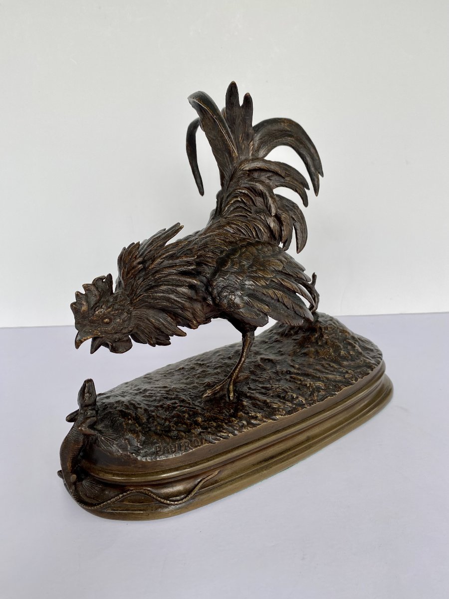 "Le coq et le lézard", bronze de Ferdinand Pautrot (1832 - 1874)-photo-3