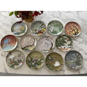 Twelve Porcelain Plates, "birds And Flowers Of The Far East," By Naoka Nobata
