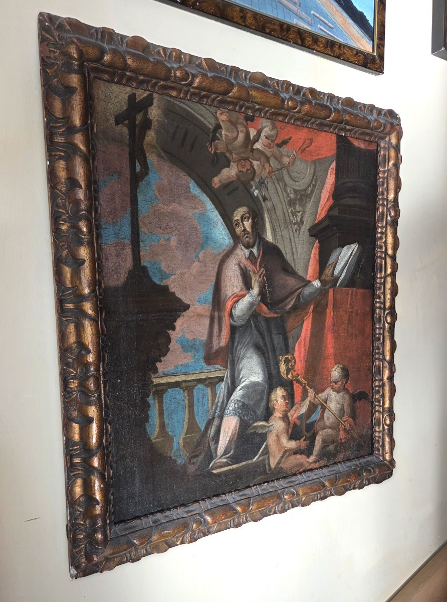 Huile sur toile représentant un saint évêque epoque XVIIeme-photo-2