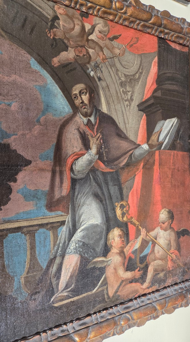 Huile sur toile représentant un saint évêque epoque XVIIeme-photo-2