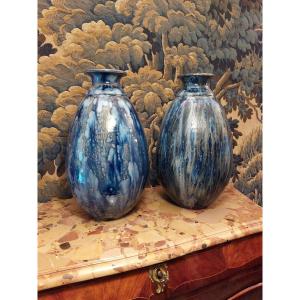 Pair Of Large Flamed Sandstone Vases