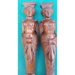 Pair Of Carved Walnut Caryatids 