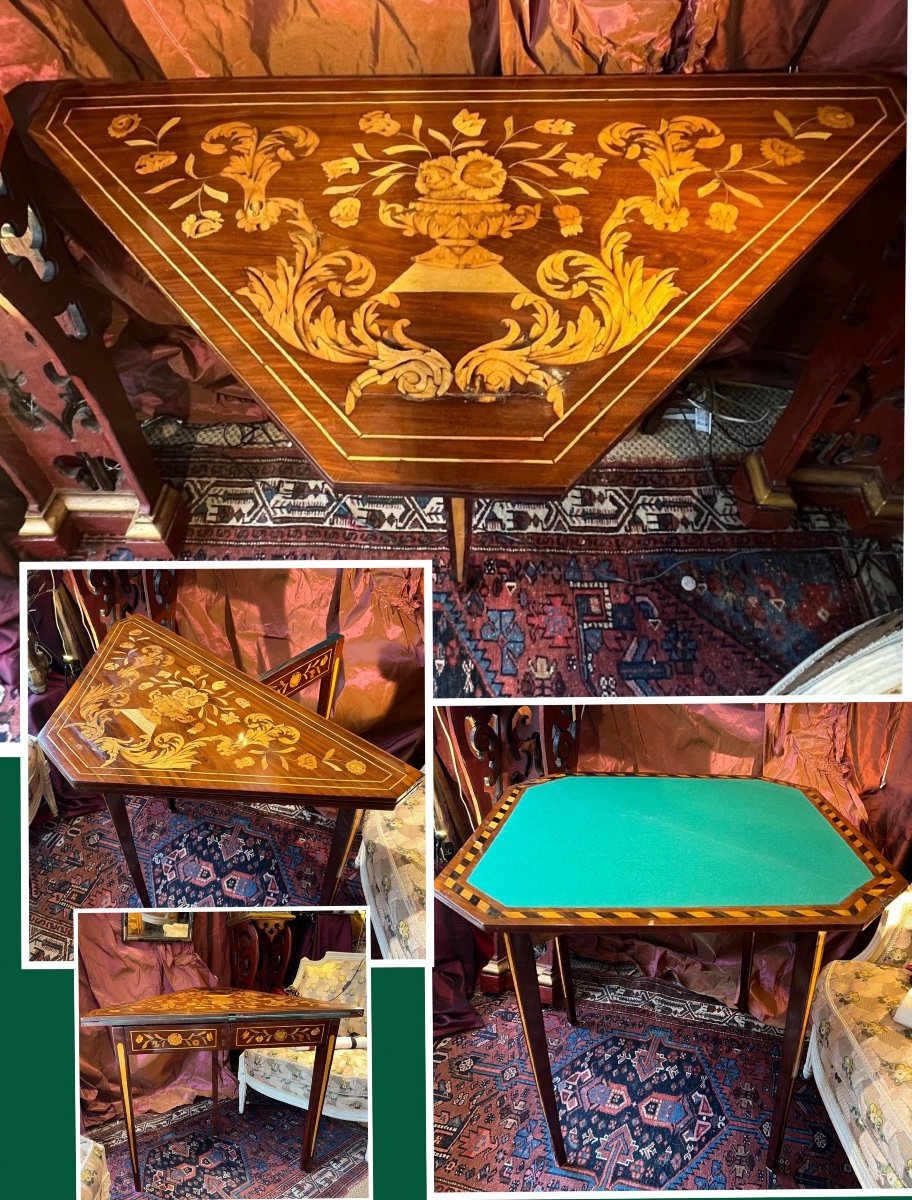 Table à jeux en console, amarante, marqueterie florale, Fin XVIIIè