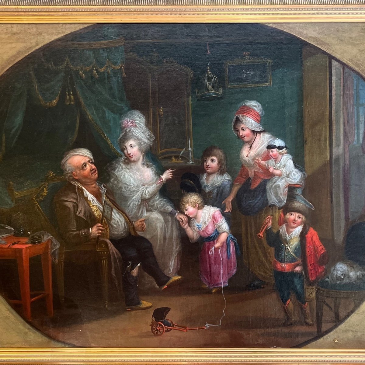 “La famille  heureuse“ vers 1780, HST dans le goût de P.A. Wille (1748-1837), époque XVIIIème. -photo-2