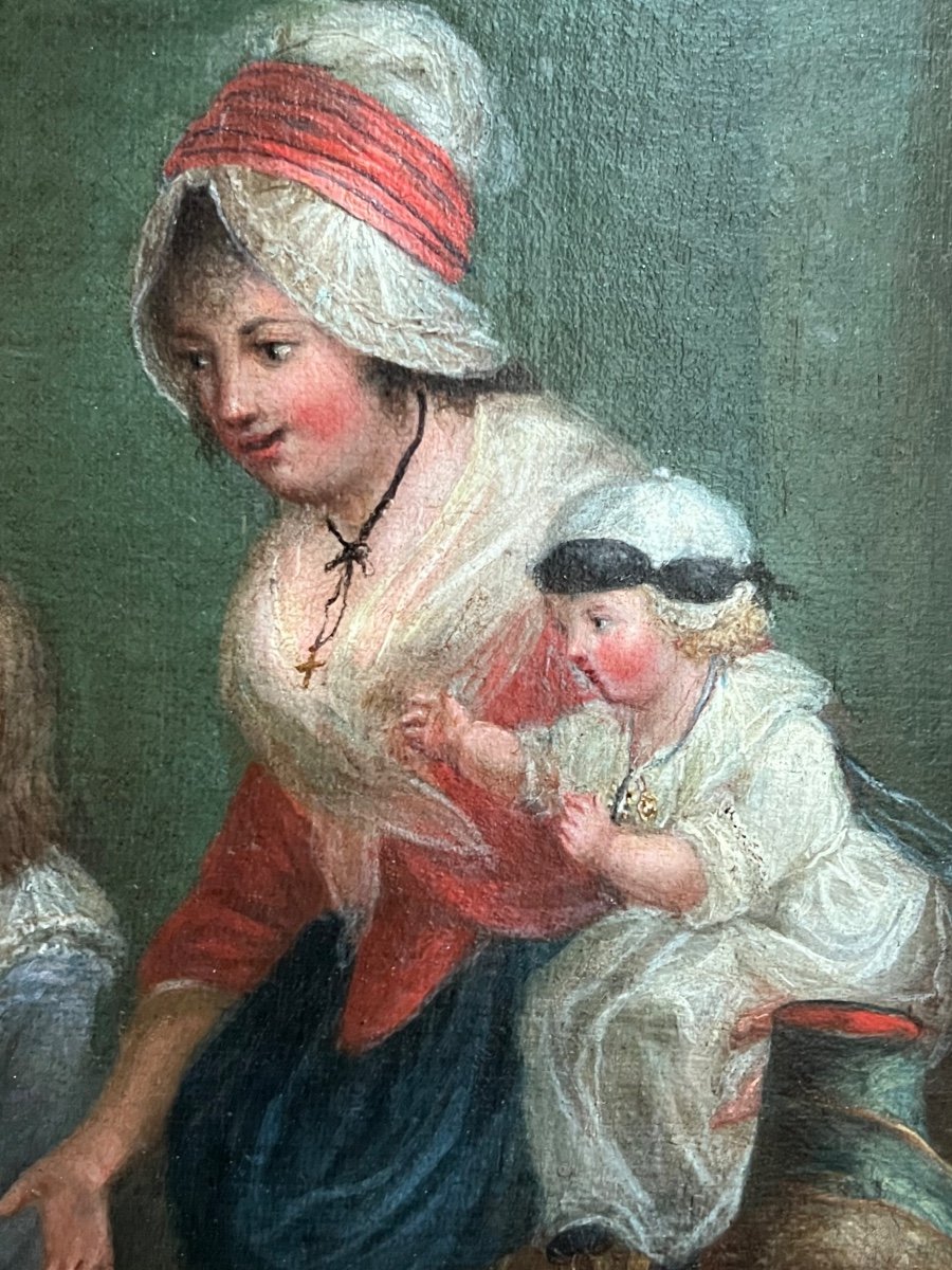 “La famille  heureuse“ vers 1780, HST dans le goût de P.A. Wille (1748-1837), époque XVIIIème. -photo-7