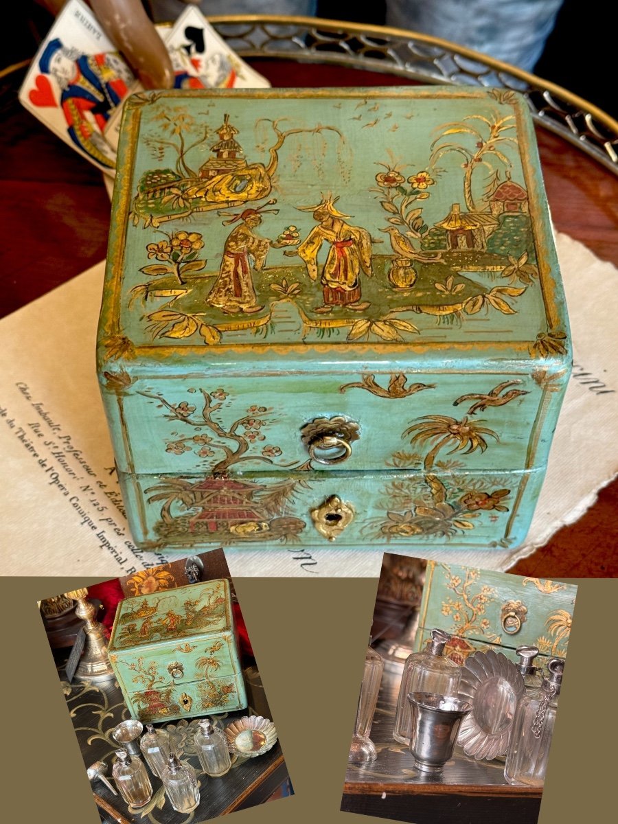 Somptueux coffret à senteurs, à parfums de voyage, décors d’Asie, XVIIIè. France. 