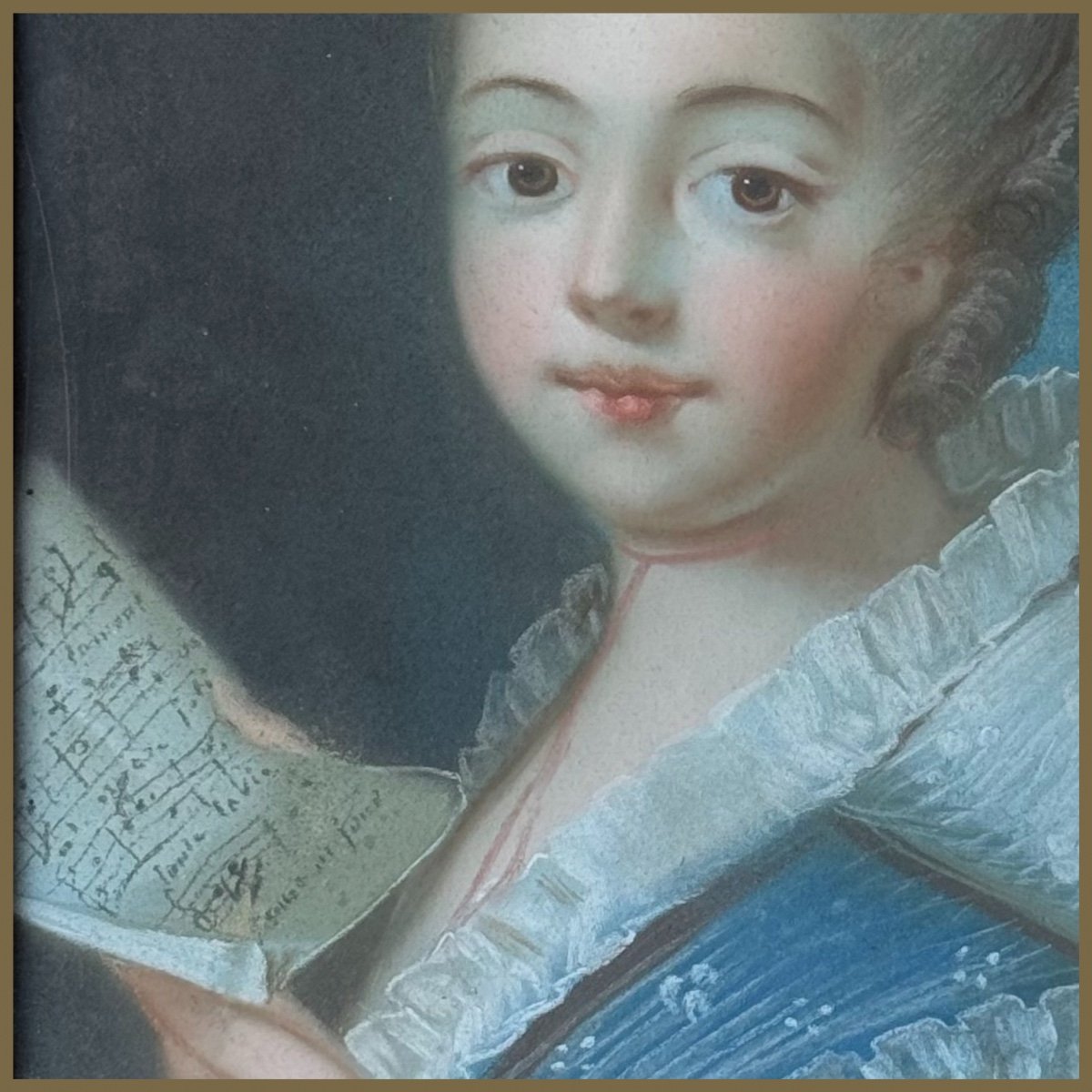 Jolie jeune femme à la partition de chant, pastel époque XVIIIè, T.B état. -photo-2