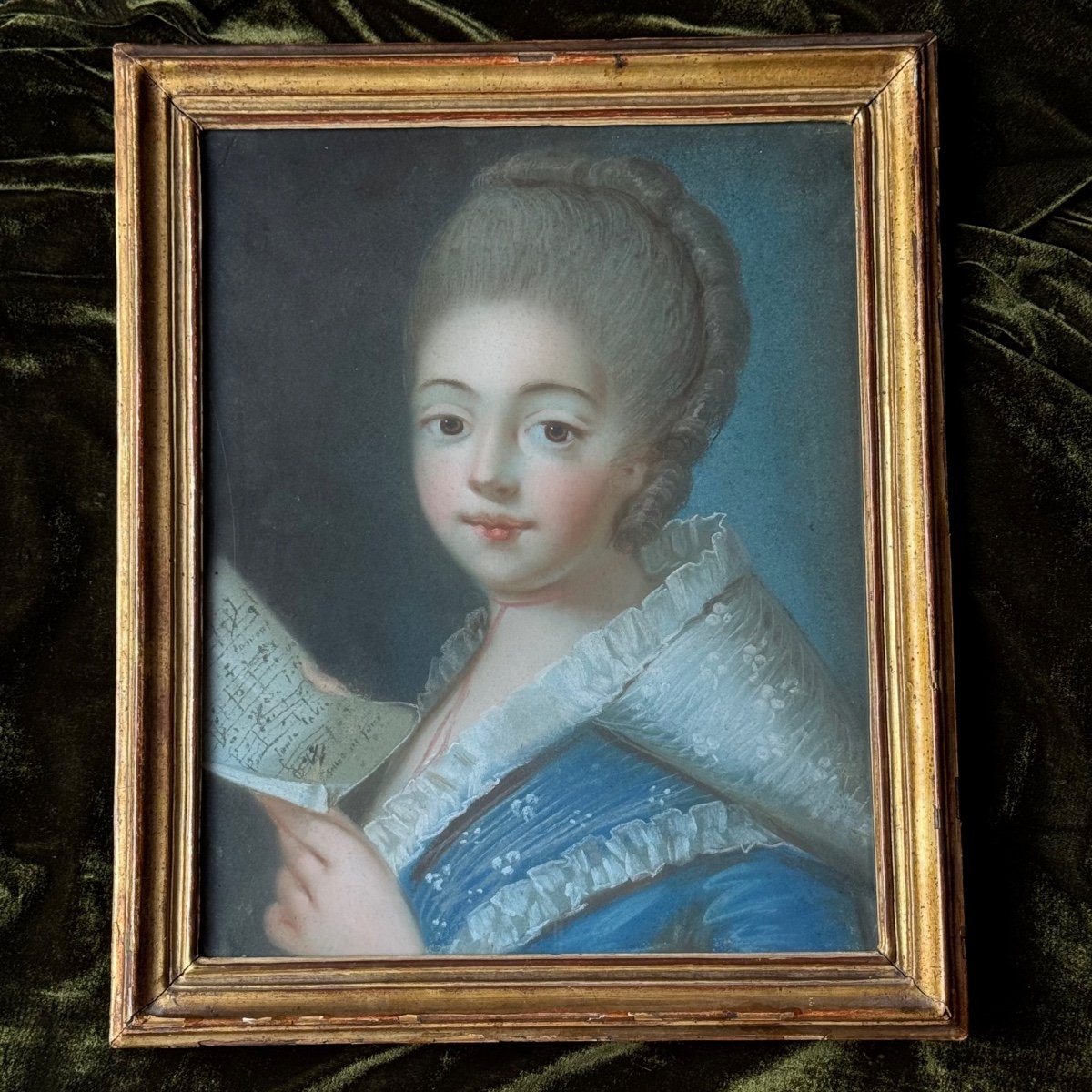 Jolie jeune femme à la partition de chant, pastel époque XVIIIè, T.B état. -photo-4
