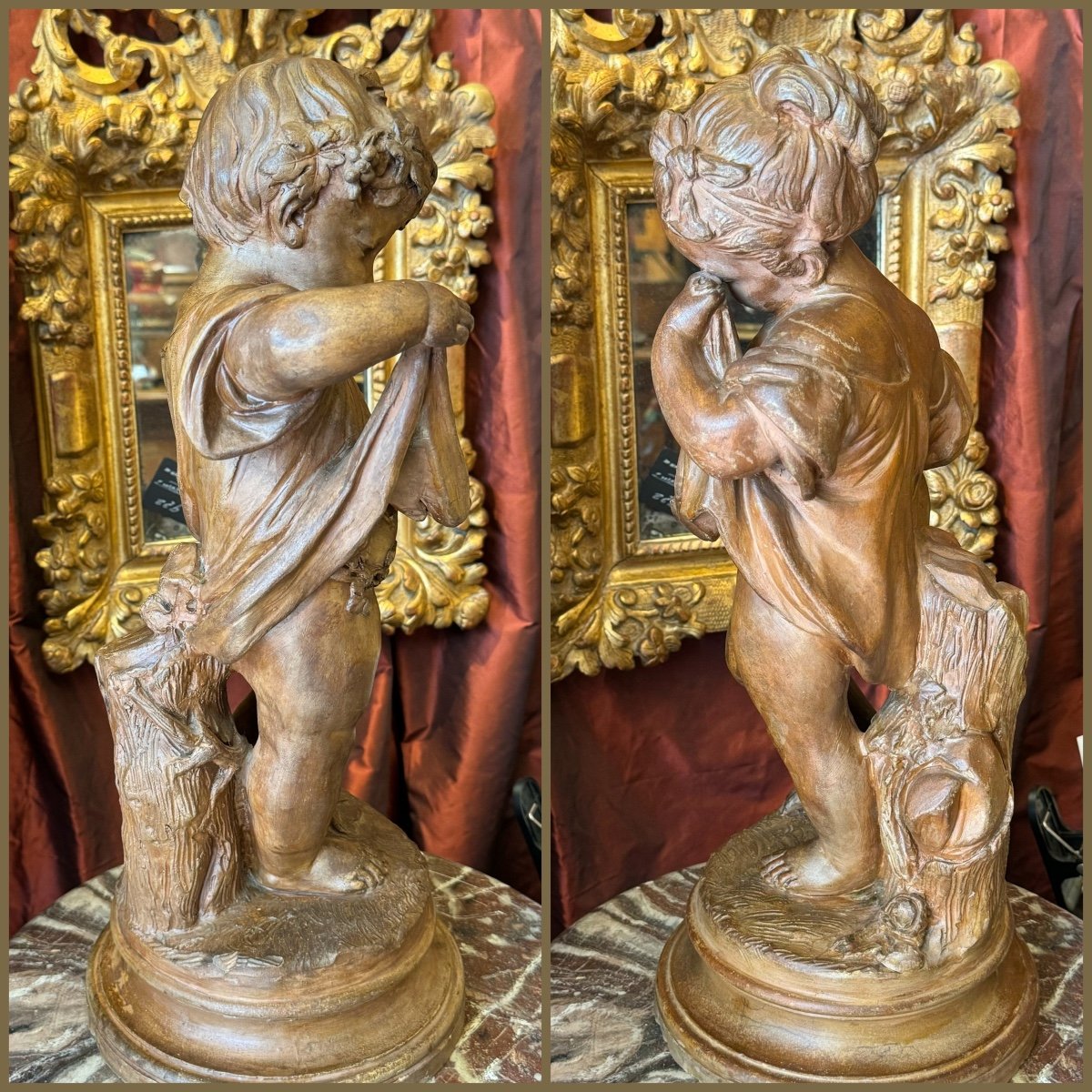 Clodion, grandes terre cuite d’enfants, patine brune, d’après Clodion. XIXe. (46 cm). -photo-2
