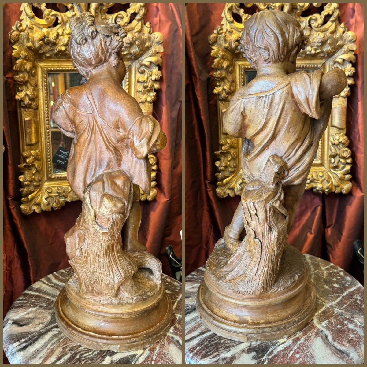Clodion, grandes terre cuite d’enfants, patine brune, d’après Clodion. XIXe. (46 cm). -photo-3