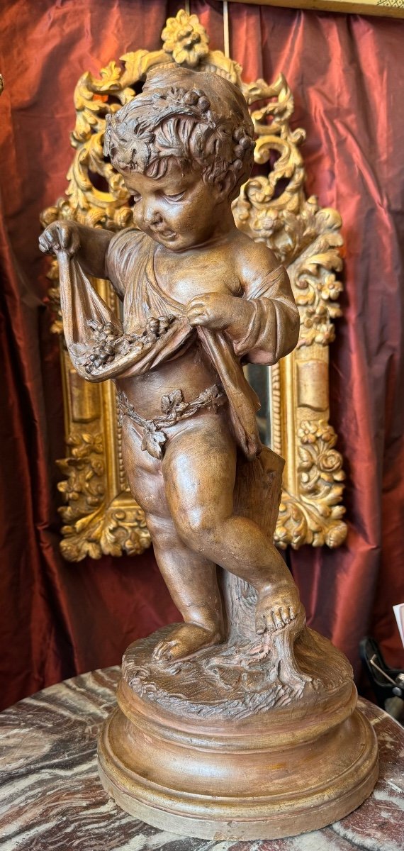 Clodion, grandes terre cuite d’enfants, patine brune, d’après Clodion. XIXe. (46 cm). -photo-4