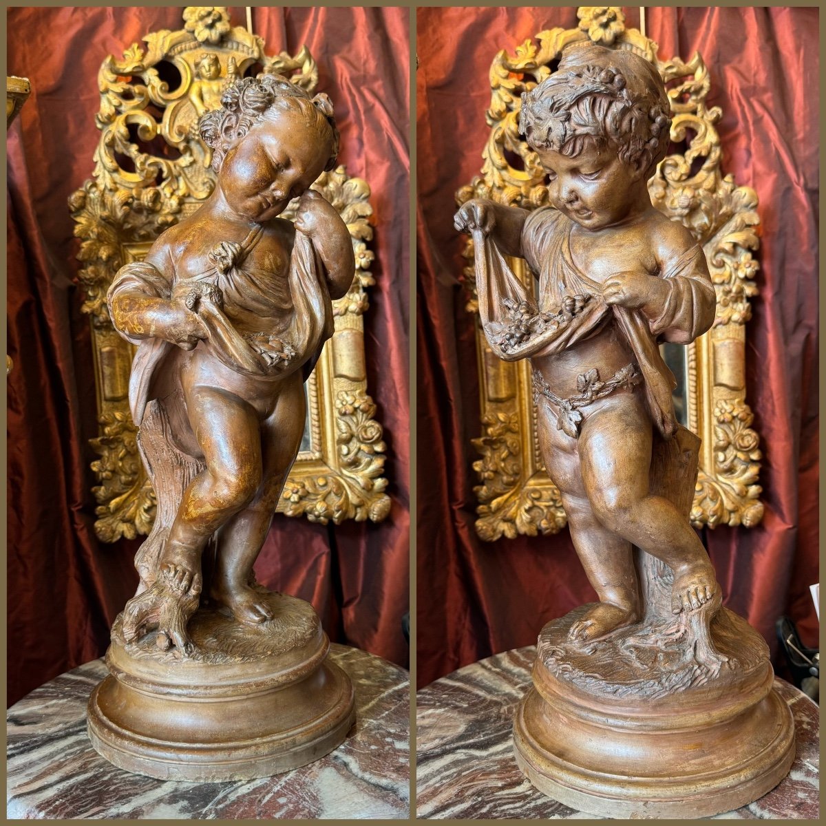 Clodion, grandes terre cuite d’enfants, patine brune, d’après Clodion. XIXe. (46 cm). -photo-5