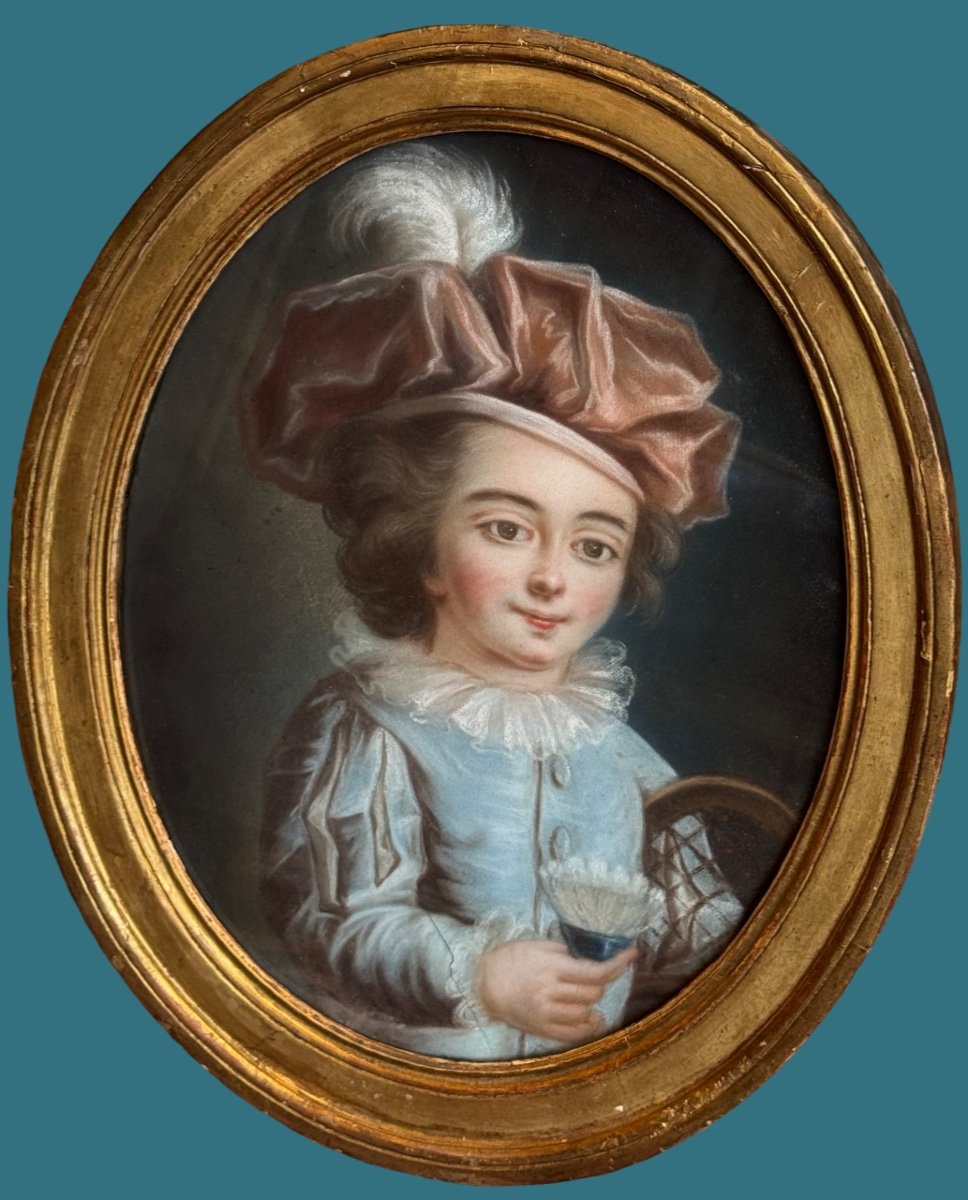 18th Century Pastel, Young Boy Playing A Shuttlecock Dressed In Blue, Louis XVI Period.-photo-2