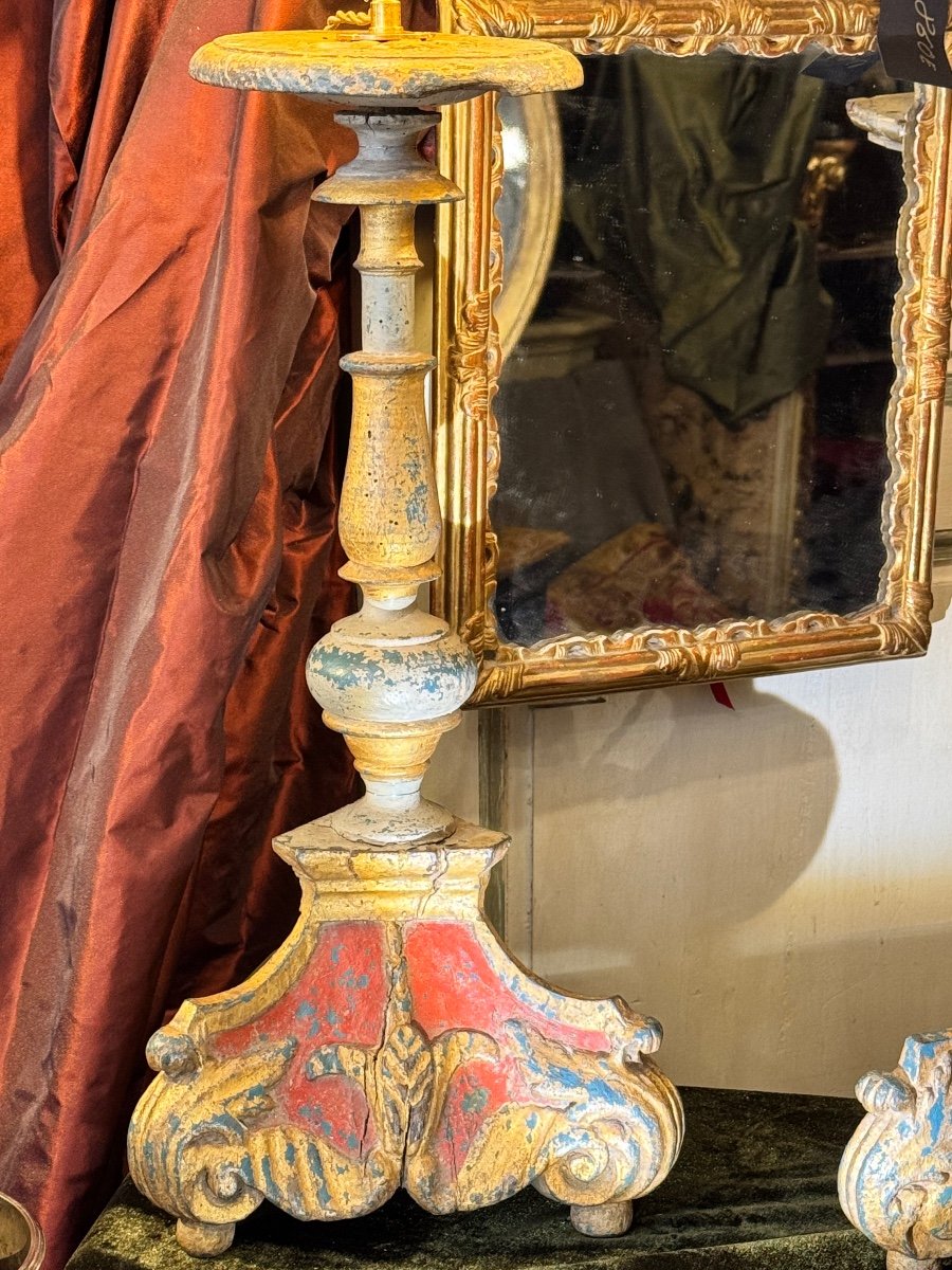 Pair Of Lamps, Venice, Polychrome Carved Wood, 17th Century, Mounted Candlesticks.-photo-3