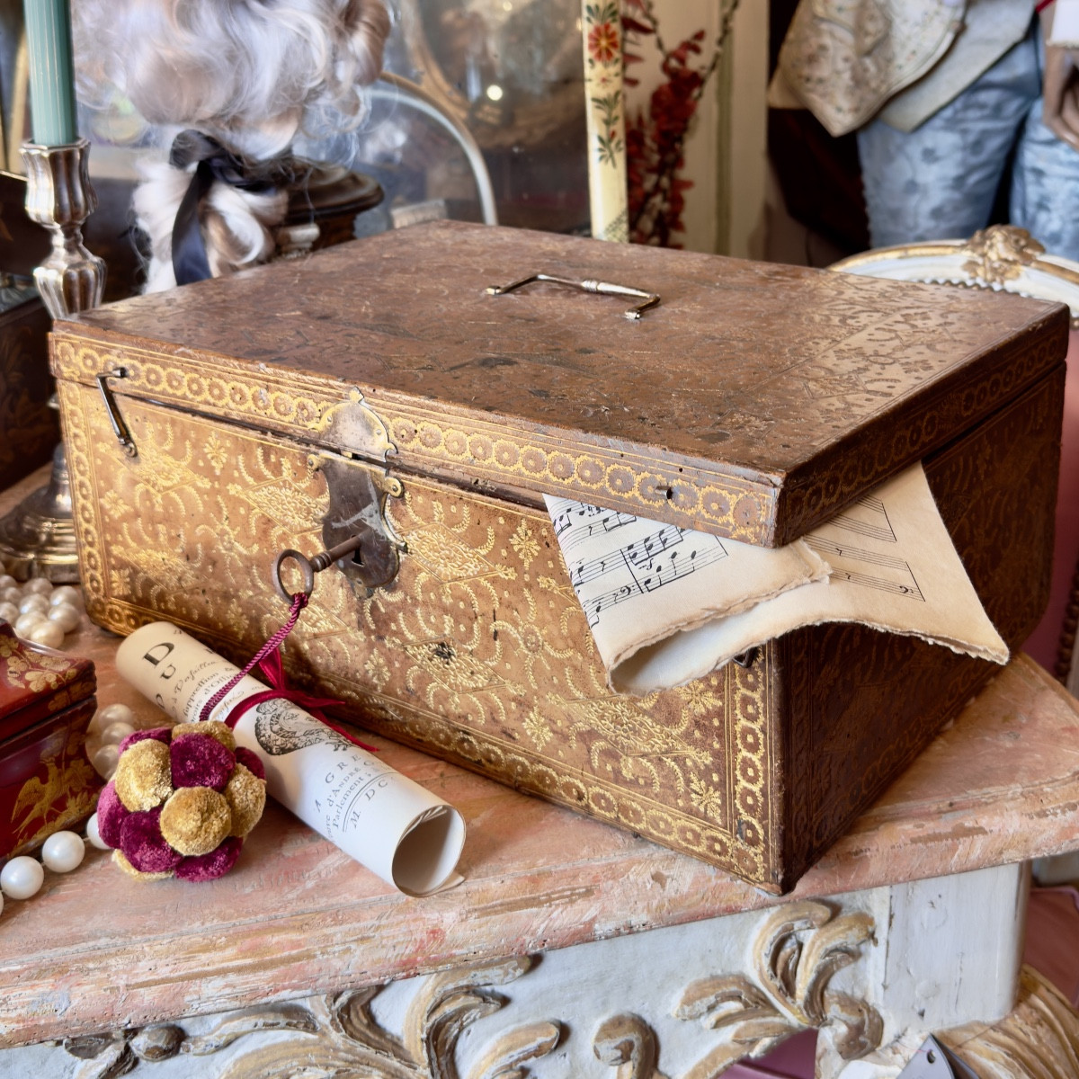 Large 18th Century Leather Box, With Gold Motifs Stamped On All Sides.