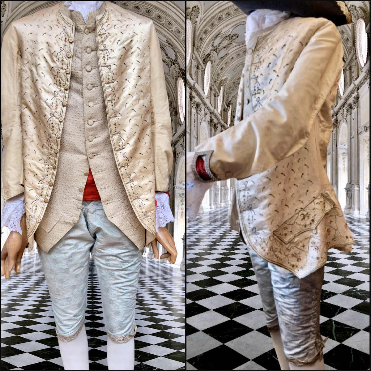  Habits d’homme XVIIIè : Veste, Gilet et Culotte, tissus luxueux.