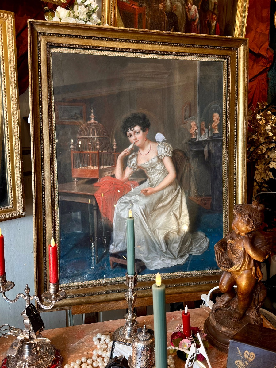 18th Century Pastel, Lady Of The Directory, In 1797 In Her Living Room, 18th Century. -photo-8
